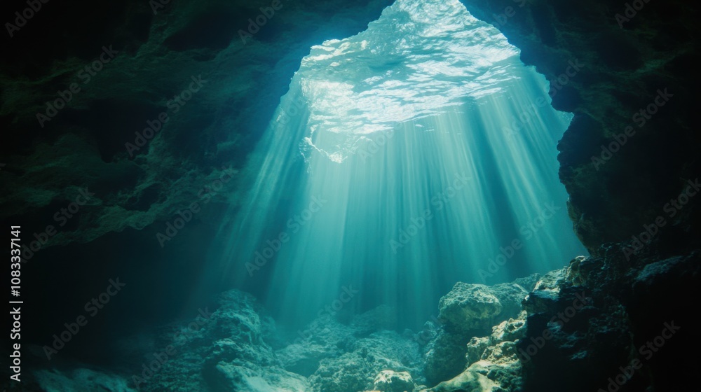 Poster an extraordinary view of an underwater cave illuminated by sunlight streaming through openings, with