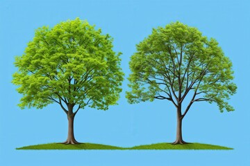 Fototapeta premium Two trees depicted: one lush with green foliage, the other bare, showcasing seasonal change in nature against a blue background.