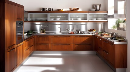 Stylish kitchen with vertical grain wooden cabinets and stainless steel accents