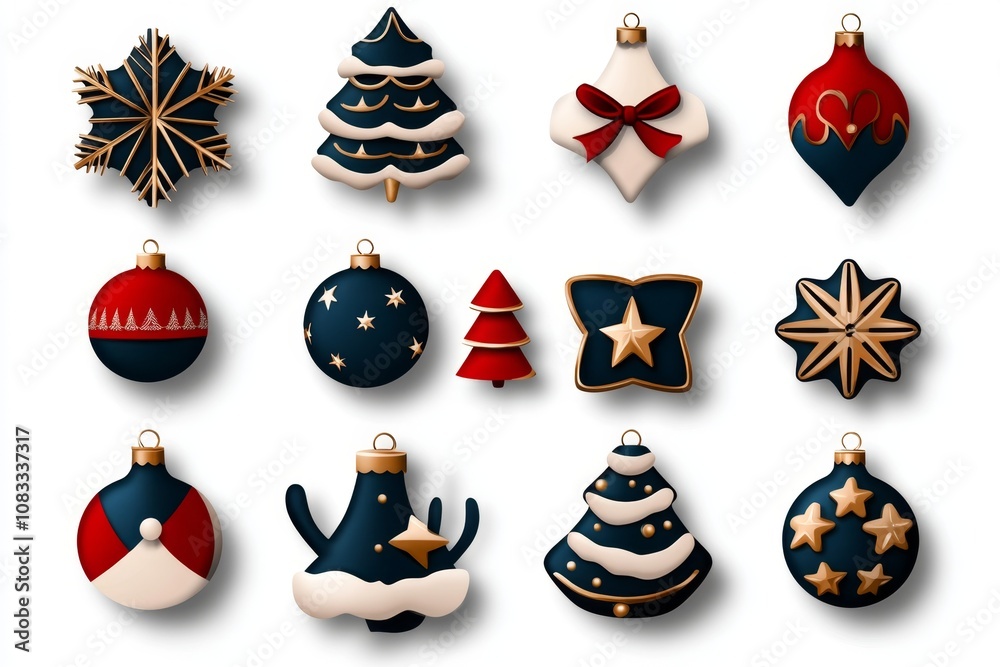 Poster flat 2d illustration of a set of holiday ornaments in different shapes and colors, festive and playf