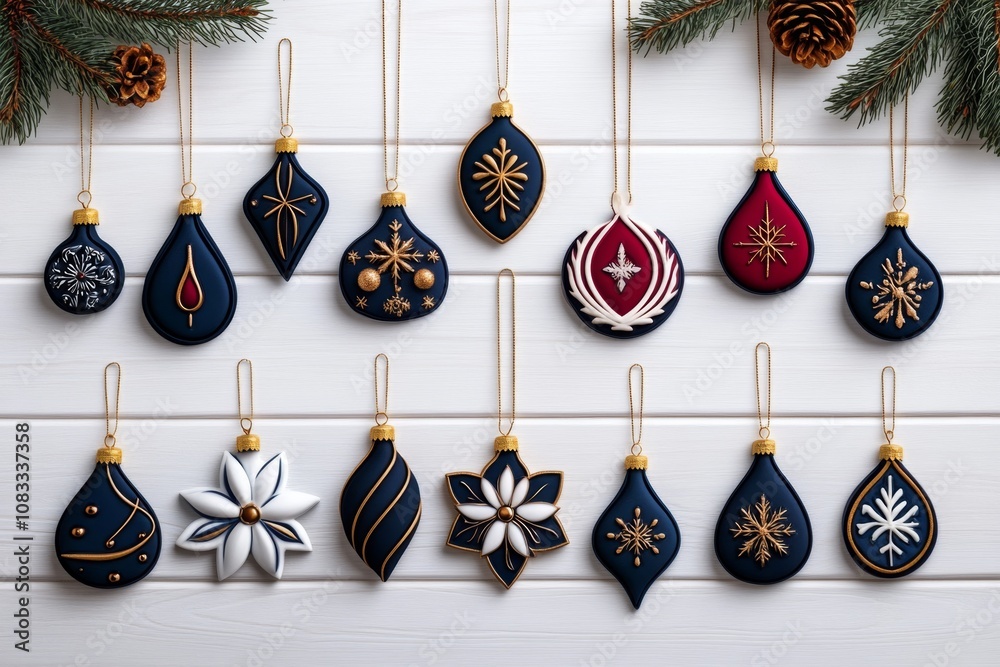 Poster flat 2d illustration of a set of holiday ornaments in different shapes and colors, festive and playf