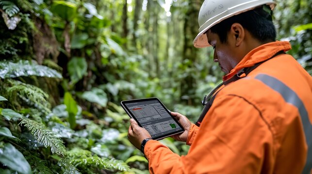 A worker in a forest uses a tablet for data collection or analysis.