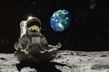 Obraz premium astronaut outfit prominently displayed against a wall featuring the colors of the American flag. The detailed suit stands out against the vibrant red, white, and blue, symbolizing courage