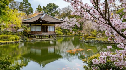 Fototapeta premium An idyllic view of a serene Japanese tea garden with a traditional pavilion and koi pond surrounded by cherry blossoms, Japanese garden scene, Tranquil style