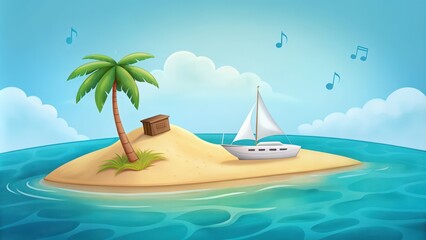 Obraz premium A Small Sandy Island with a Palm Tree, a Chest, and a Sailboat in the Ocean