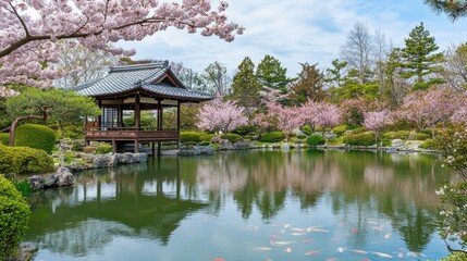 Fototapeta premium An idyllic view of a serene Japanese tea garden with a traditional pavilion and koi pond surrounded by cherry blossoms, Japanese garden scene, Tranquil style
