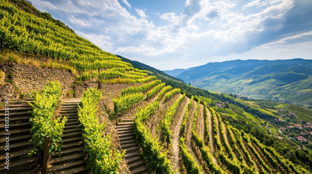 Aufkleber an idyllic view of a terraced vineyard on a hillside, with rows of grapevines leading down to a sere