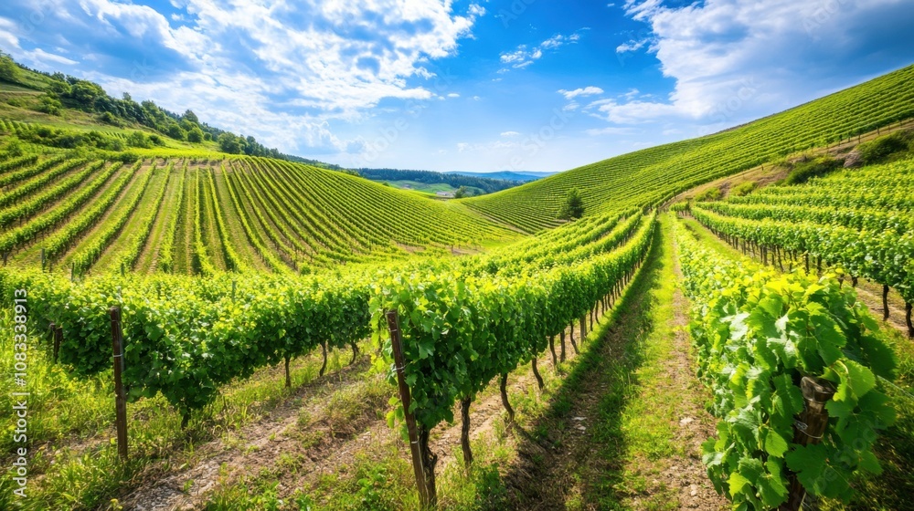 Poster an idyllic view of a terraced vineyard on a hillside, with rows of grapevines leading down to a sere