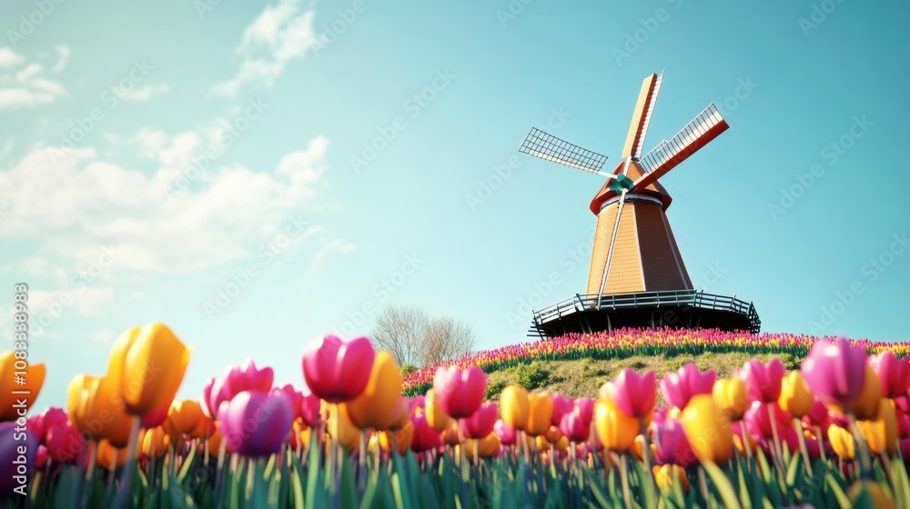 Poster An idyllic view of a traditional windmill on a hilltop, surrounded by colorful tulip fields in full bloom, with a clear blue sky overhead