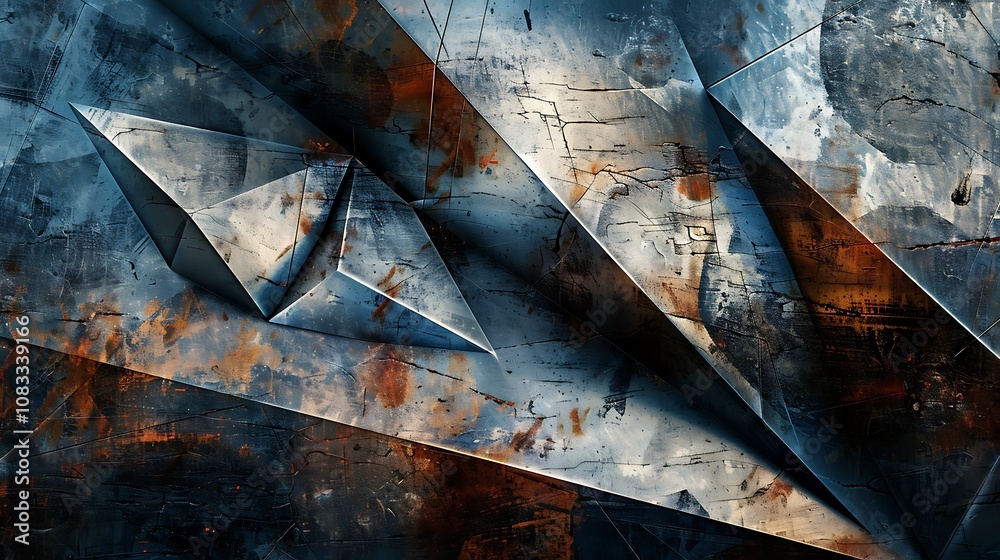 Poster abstract image of a metal surface with a geometric design. the texture is rough and rusty, creating 