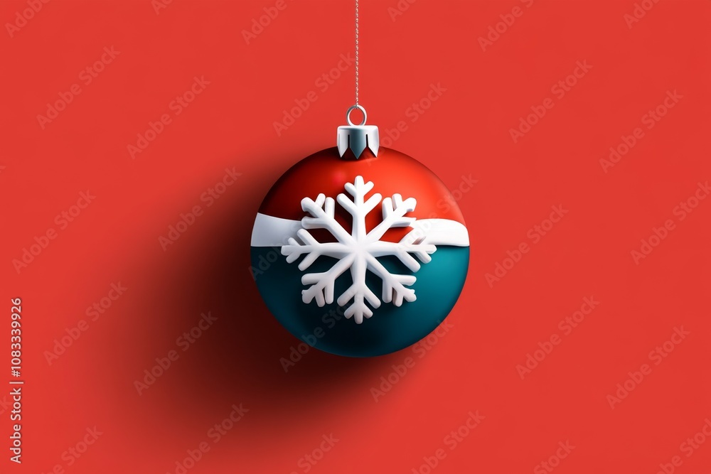 Poster minimalist illustration of a single round ornament with a tiny snowflake design, soft pastel colors