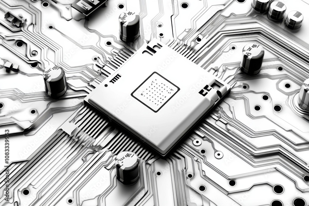 Poster minimalist line art of a circuit board with clean, geometric shapes and modern design