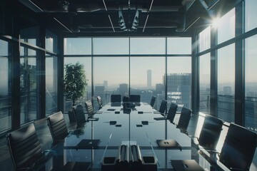 Sleek and Modern Conference Room with Panoramic View of Cityscape and Futuristic Design Elements for Professional Meetings and Collaborations