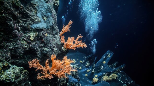 An underwater photograph of a deep-sea hydrothermal vent ecosystem, Hydrothermal scene, Submersive style