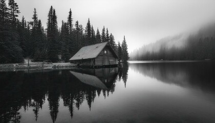 Fototapeta premium Cabin on the lake in fog forest monochrome image