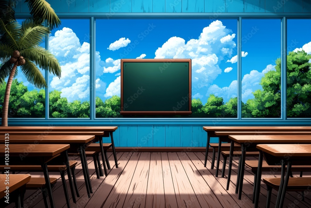 Poster pixel art of a classroom with desks, a chalkboard, and students, retro 8-bit style with bright color