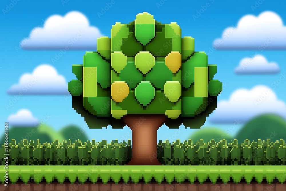 Poster pixel art tree with green leaves and a brown trunk, rendered in retro 8-bit style