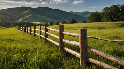 Fototapeta premium Wooden fence along grassy field with rolling hills in the background.