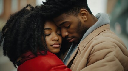 Obraz premium A tender moment shared between a couple, embracing closely with eyes closed, emanating warmth and affection in a serene urban setting.