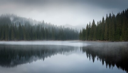 Mysty lake in the foggy woods
