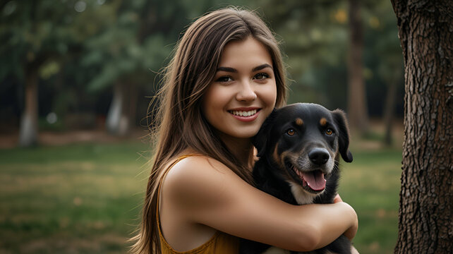 beautiful girl holding her pet dog in her arm, beautiful girl, smiling girl, pet animal, dog, black dog, grey dog, girl with dog