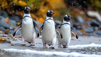 Obraz premium Penguins waddling along sandy beaches; this playful scene showcases their social interactions while emphasizing unique adaptations made for survival within marine environments--an endearing sight that