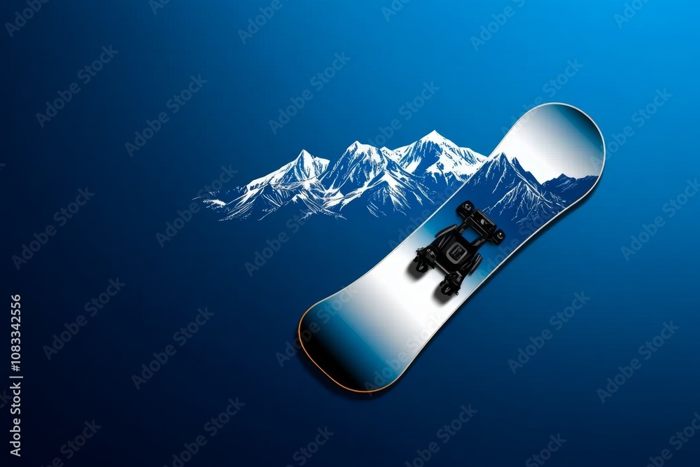 Poster simple icon of a snowboard with mountains in the background, representing snowboarding in clean line