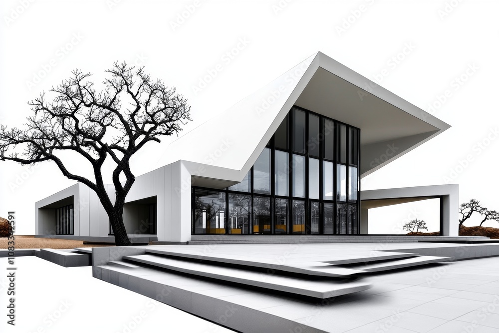 Poster simple line art of a school building with clean geometric shapes and neutral tones