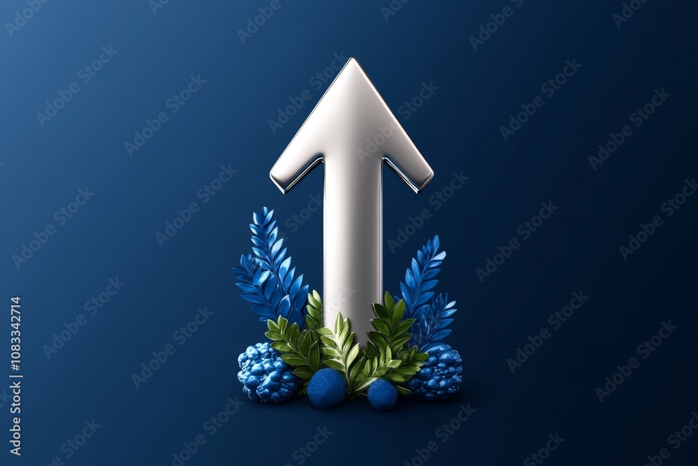 Poster single arrow pointing upwards, in a minimalist style representing growth and success