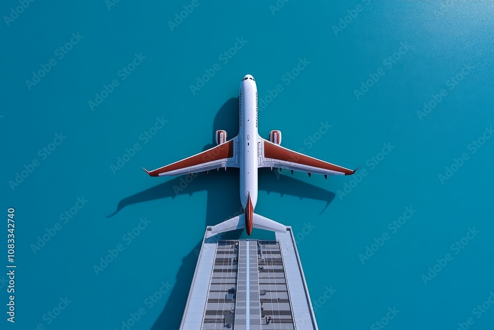 Poster single plane trail in a clear minimalist sky, symbolizing freedom and open space