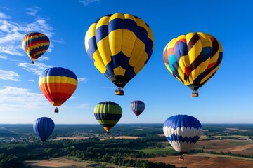 Obraz premium Sky filled with hot air balloons in various colors floating over a scenic landscape
