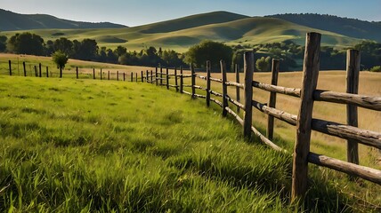 Fototapeta premium Wooden fence along grassy field with rolling hills in the background.