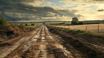 A muddy dirt road winds through a rural landscape under a dramatic sky.