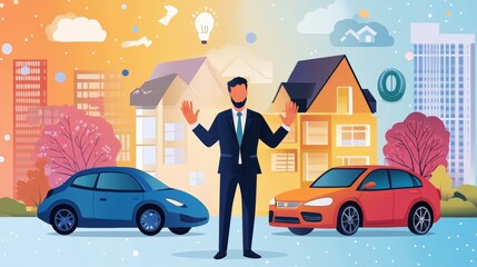 Insurance concept with businessman using two hand in protection gesture to family life and property like a car and house represent to ensure and worry free in any activity