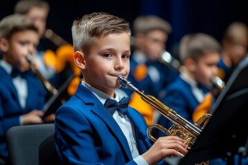 Fototapeta premium Students playing in a school band with different instruments, joyful and harmonious atmosphere
