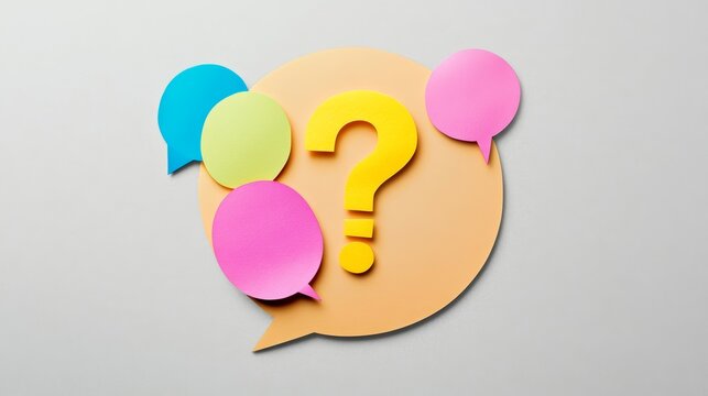 Paper speech bubble with question mark on light grey background top view