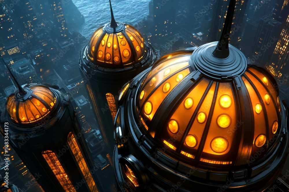 Poster underwater city with glowing skyscrapers and domes, futuristic architecture with a glass-like ocean 