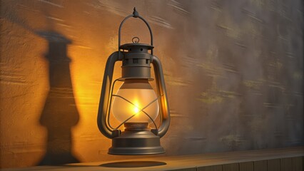 An Illuminated Antique Lantern on a Wooden Shelf Against a Textured Wall