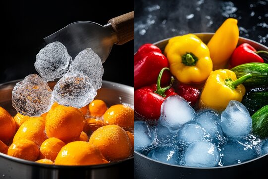 Vegetables being transferred from boiling water to a bowl of ice water for blanching after parboiling