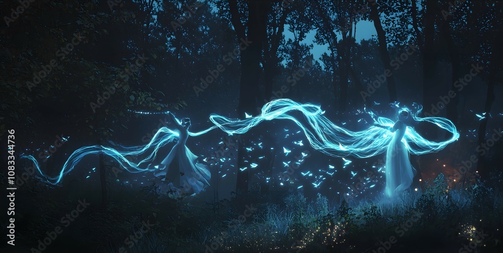 Aufkleber enchanting spirits dance through a mystical forest illuminating nature with ethereal light trails an