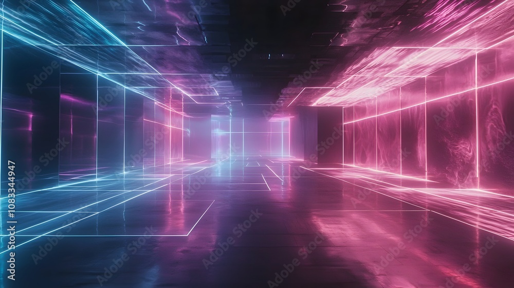 Poster explore the futuristic aesthetic of neon-lit spaces in digital environments for enhanced visual crea