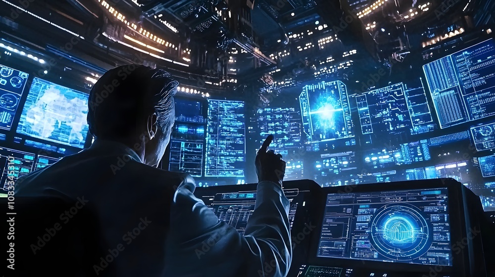 Aufkleber Innovative scientist analyzes advanced data insights in futuristic control room environment