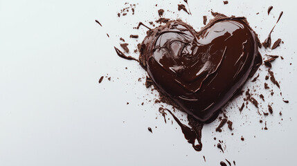 Flat lay of a heartshaped liquid chocolate splash dripping elegantly on a pristine white background perfect for Valentines Day Rich chocolate tones against the clean backdrop