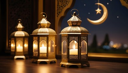 Fototapeta premium Ramadan Kareem Lanterns on a Wooden Table with Glowing Lights