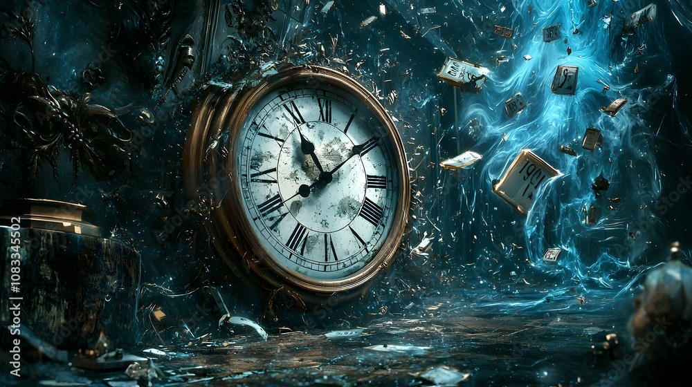 Poster Explore the enigmatic world of time through a captivating clock surrounded by whirling elements of mystery and chaos