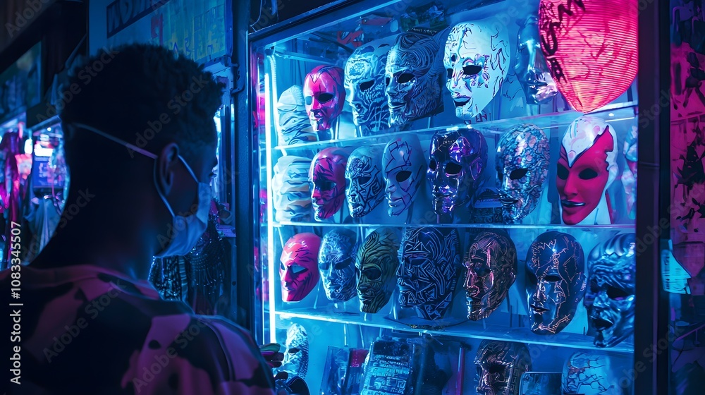 Poster explore the intriguing world of unique masks as a person delves into a vibrant display of creative d