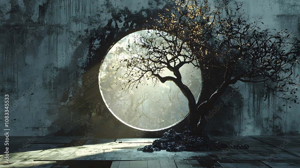 Poster A beautiful tree emerges through a circular opening illuminated by soft light in an urban environment