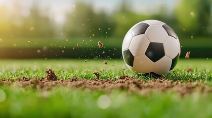 Fototapeta premium A close-up of a soccer ball rolling on a grassy field, with dirt flying, capturing the dynamic movement and energy of the sport.
