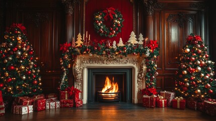 Classic Christmas interior with a fireplace and a decorated Christmas concept