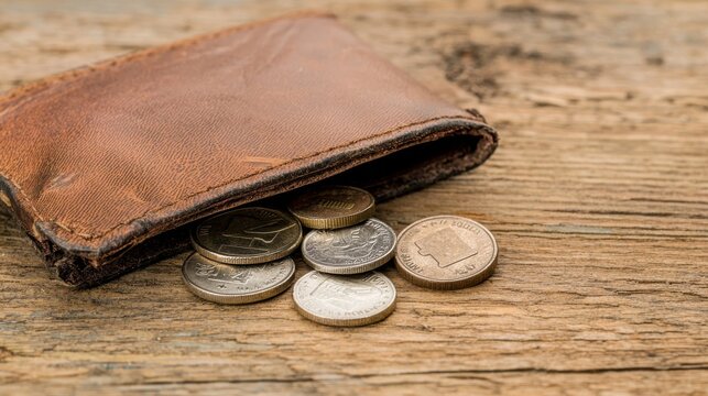 Financial struggles empty wallet with last few coins home still life rustic setting close-up economic hardship